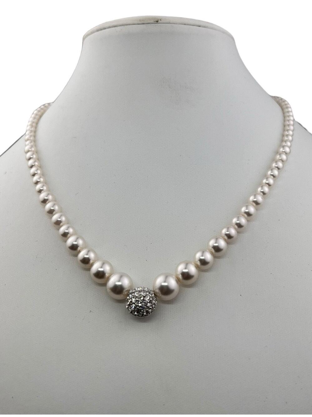 Swarovski Faux Pearl 16.25" Necklace Pave Crystal Silver Tone Ball Center
